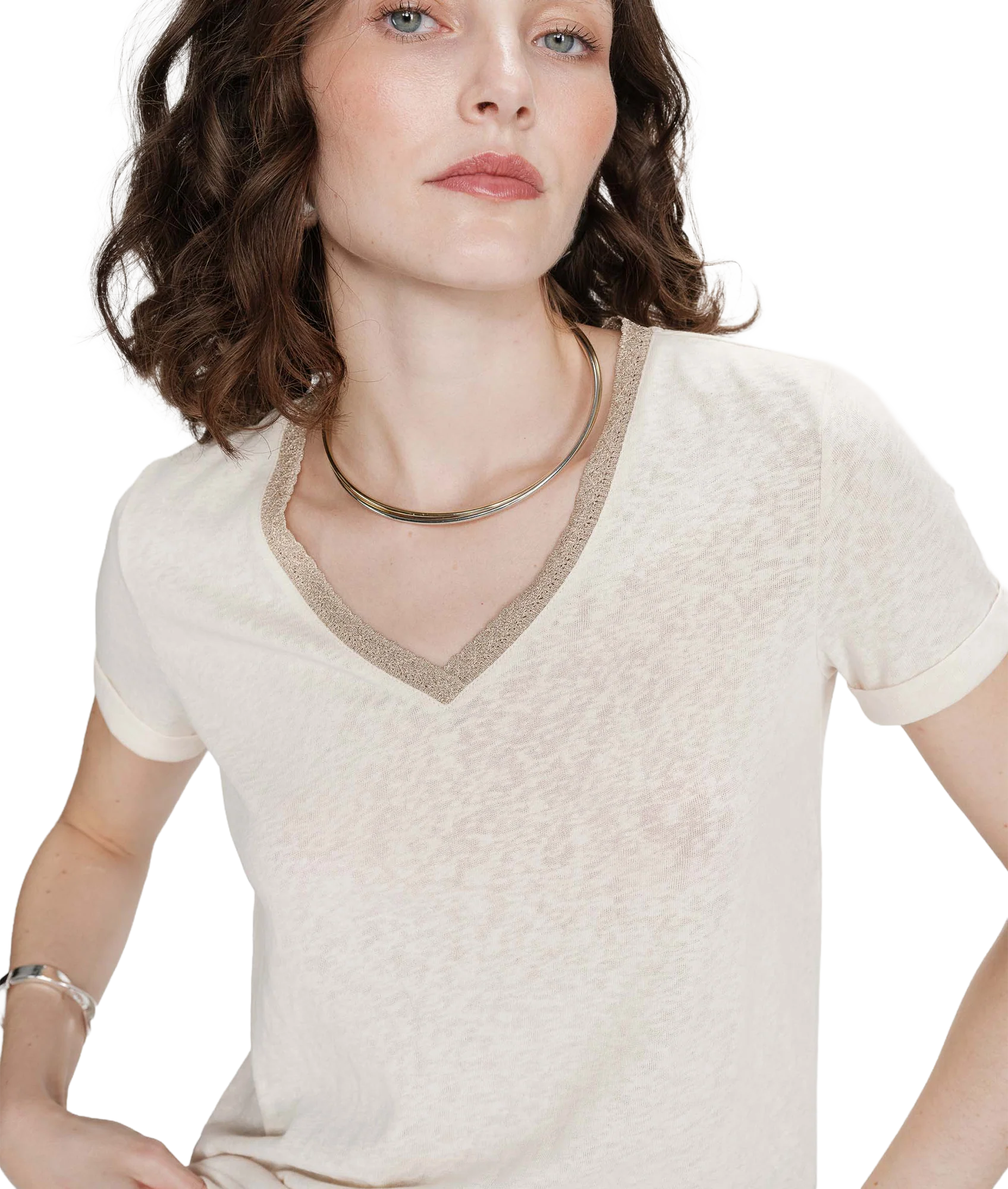 Vasco Lurex Trim V Neck Tee - Amande - Image 5