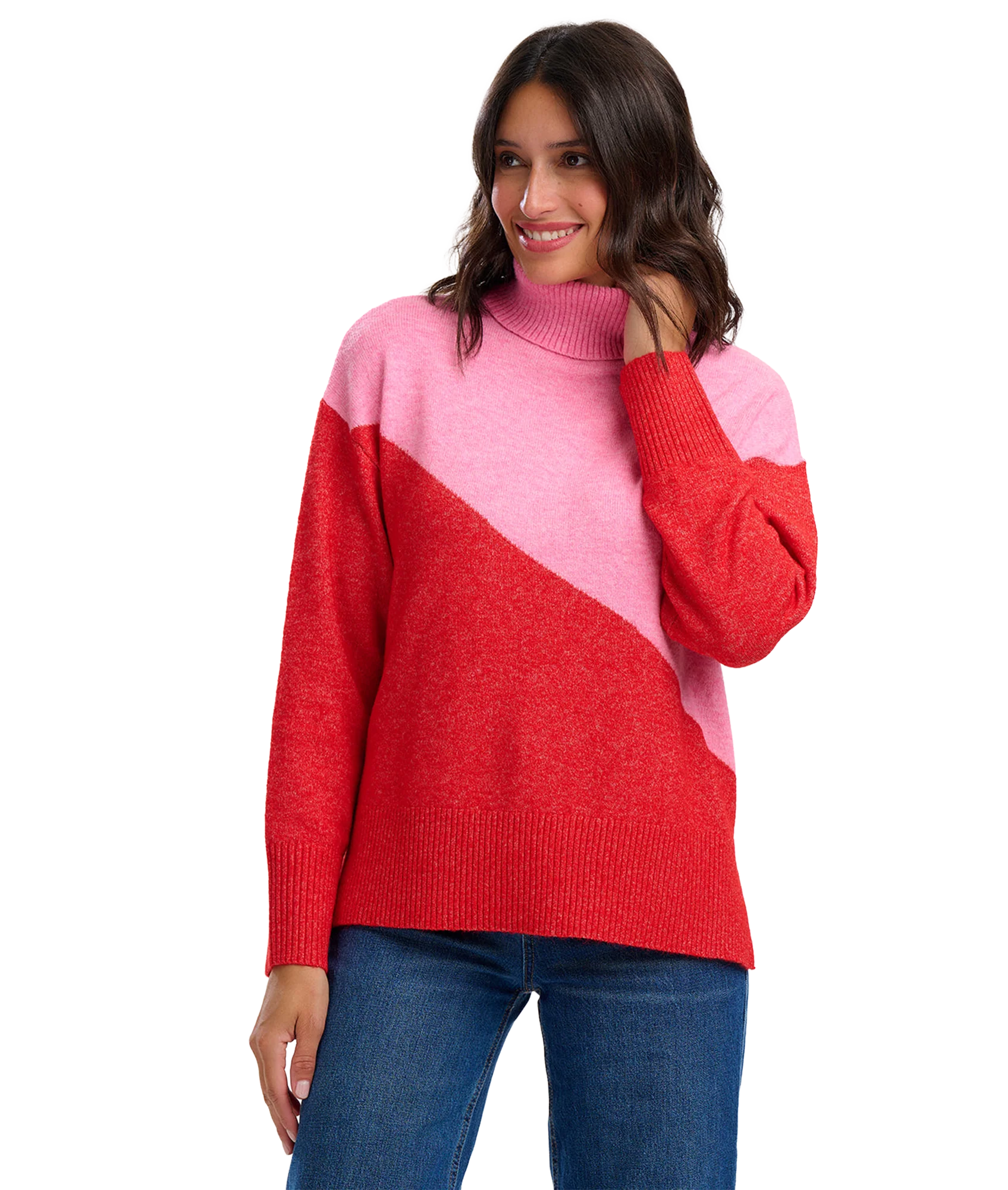 Winona Roll-Neck Jumper - Pink/Red/Colour Block - Image 2