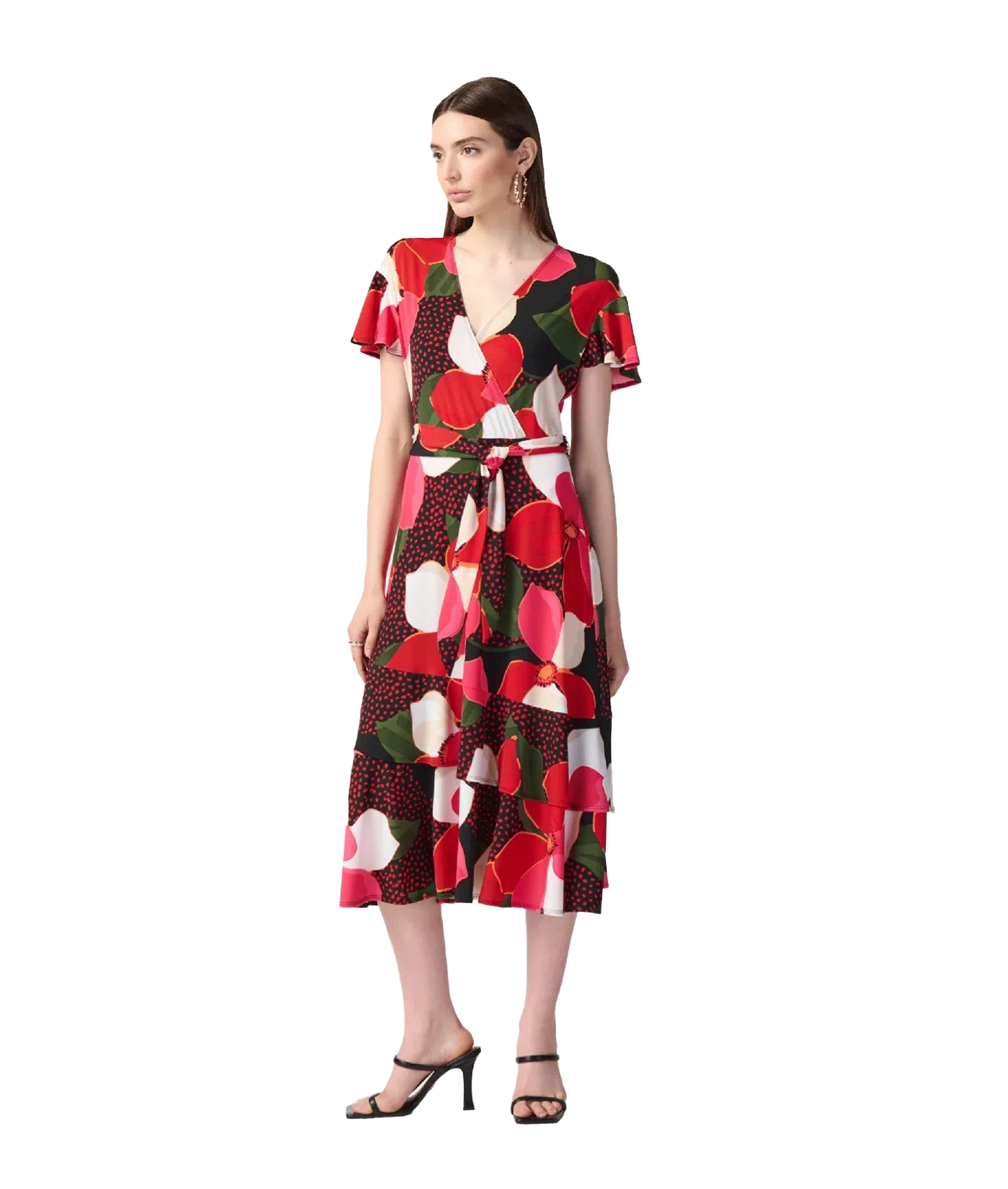 Floral Print Silky Knit Flowy Wrap Dress - Multi