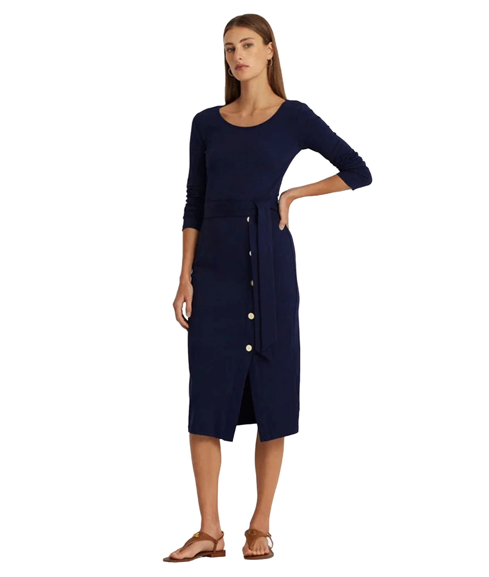 Belted Navy Rib-Knit Dress - Navy - Image 2