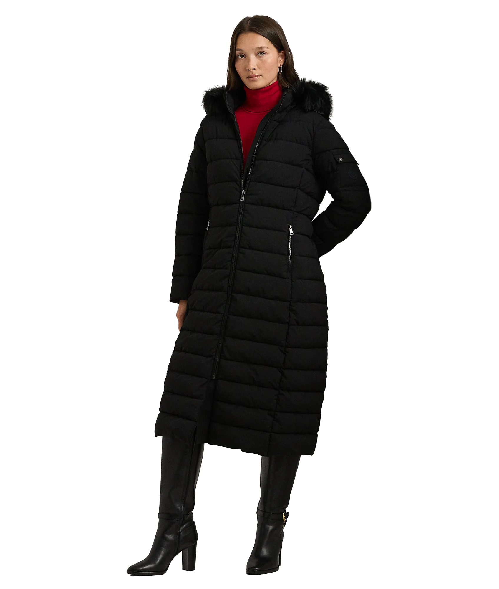 Faux-fur-trim Quilted Hooded Coat - Black - Image 2
