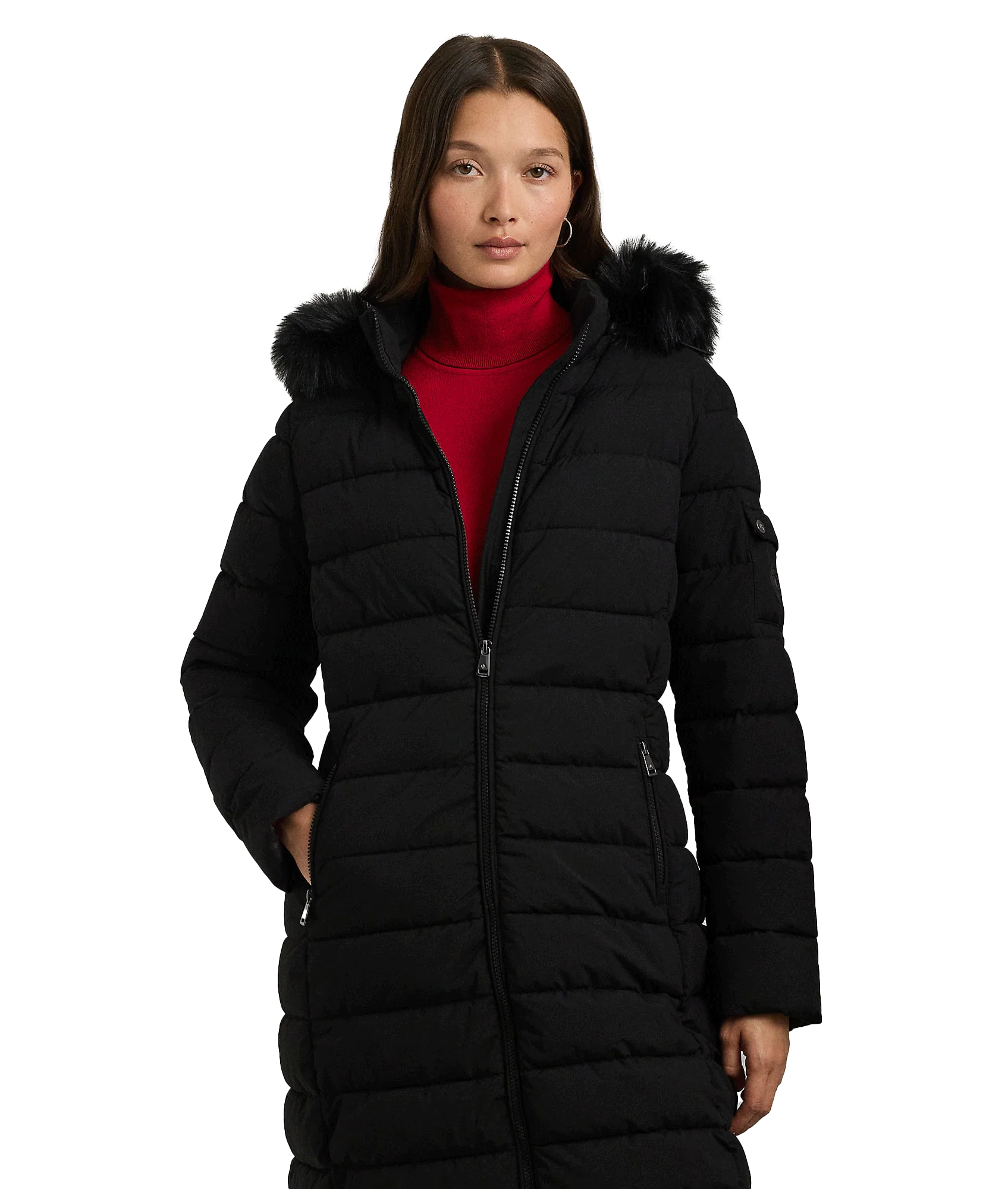 Faux-fur-trim Quilted Hooded Coat - Black - Image 3