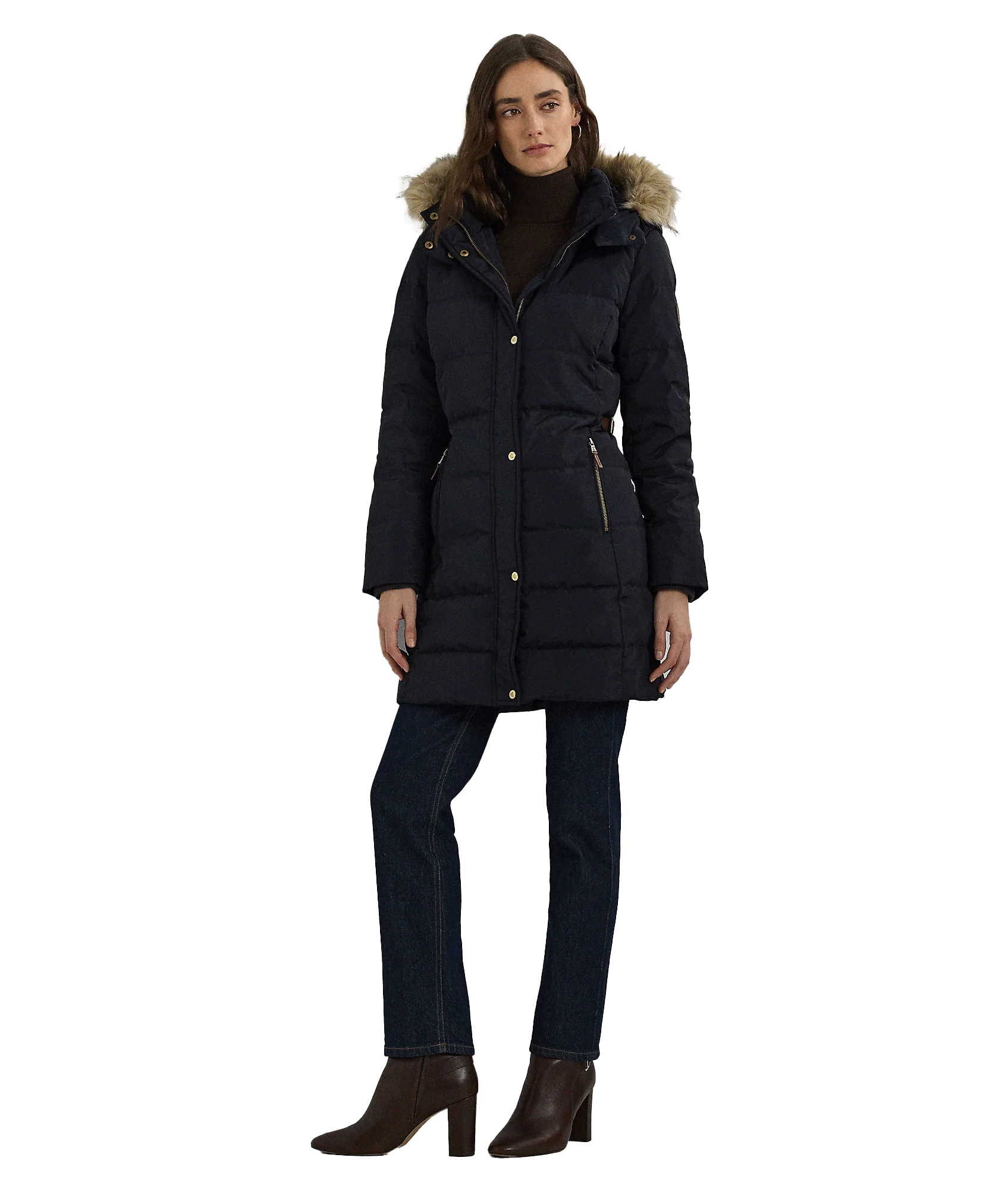 Faux-fur-trim Hooded Down Coat - Navy - Image 2