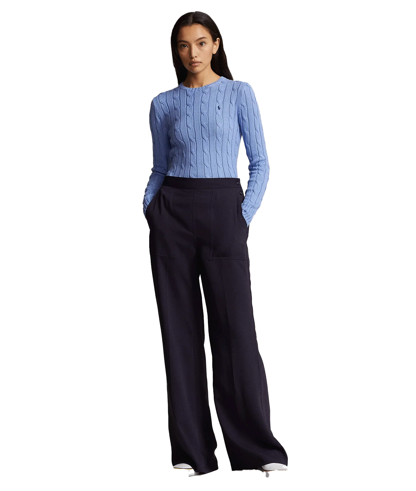 Cable-knit Cotton Crewneck Sweater - Blue - Image 3