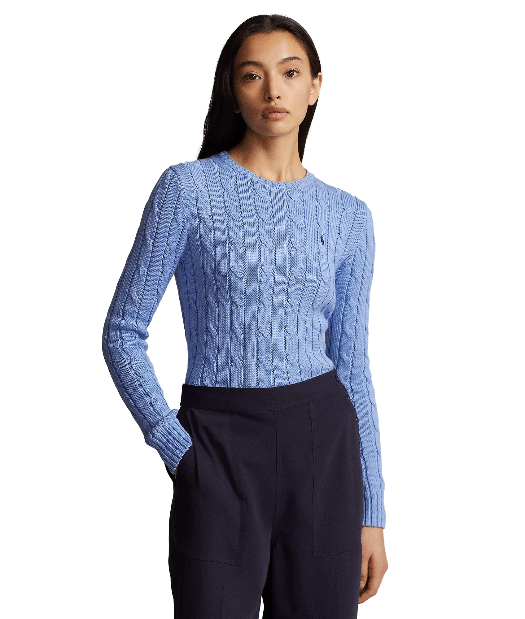 Cable-knit Cotton Crewneck Sweater - Blue - Image 4