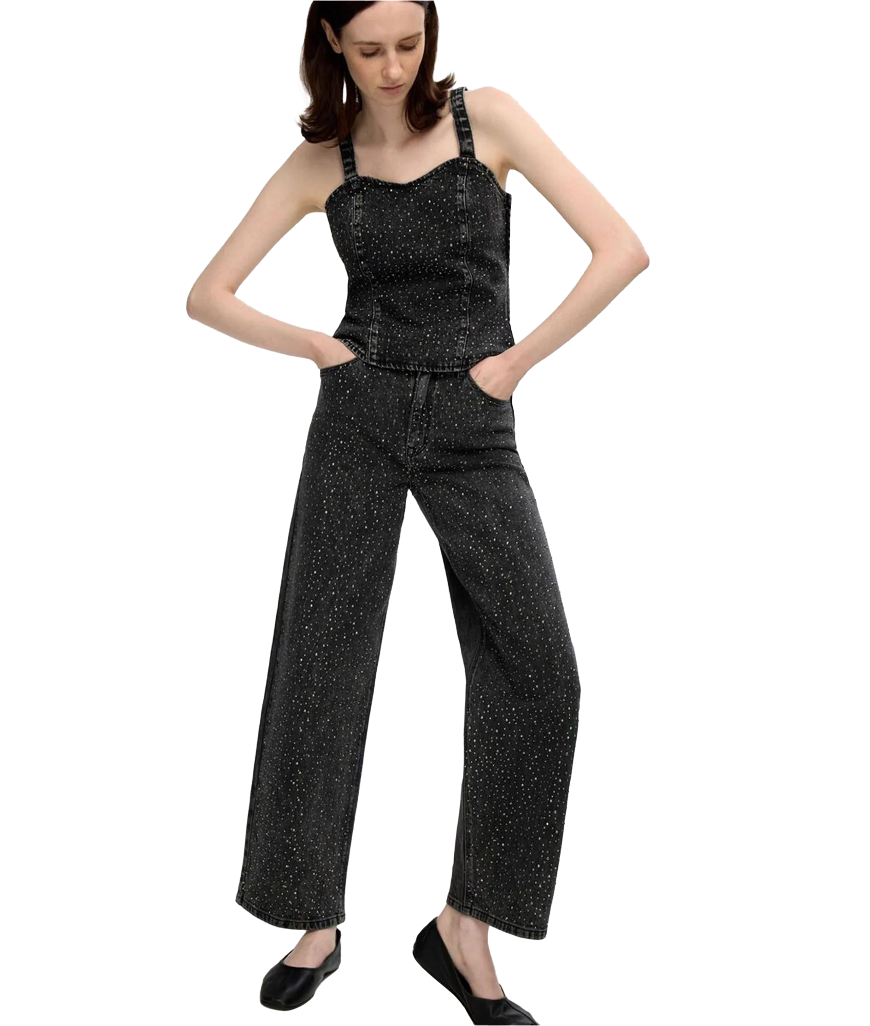 Rhinestone Wide Fit Jeans - Black - Image 4