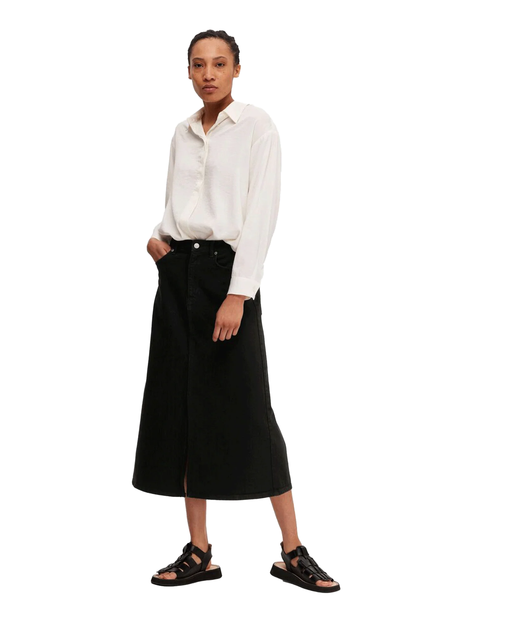 Black Denim Midi Skirt - Black - Image 4