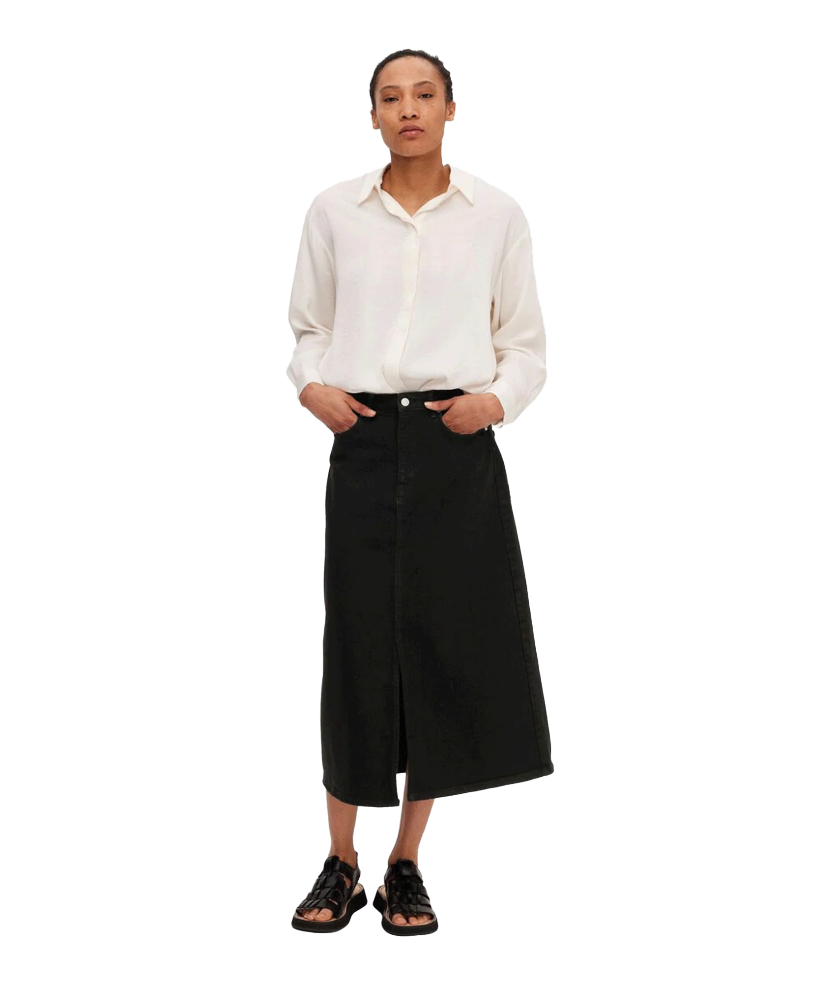 Black Denim Midi Skirt - Black - Image 5